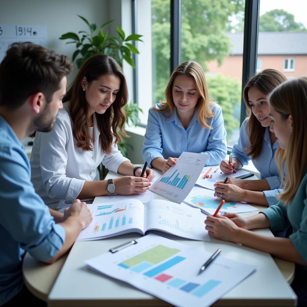 A team of researchers, including a clinical research nurse, analyze data from a clinical trial.