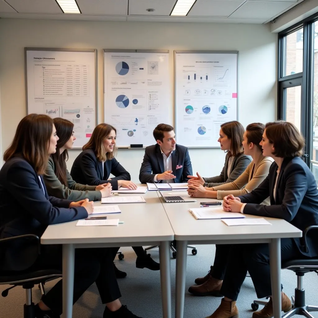 A team of researchers engaged in a lively discussion, collaborating on a project