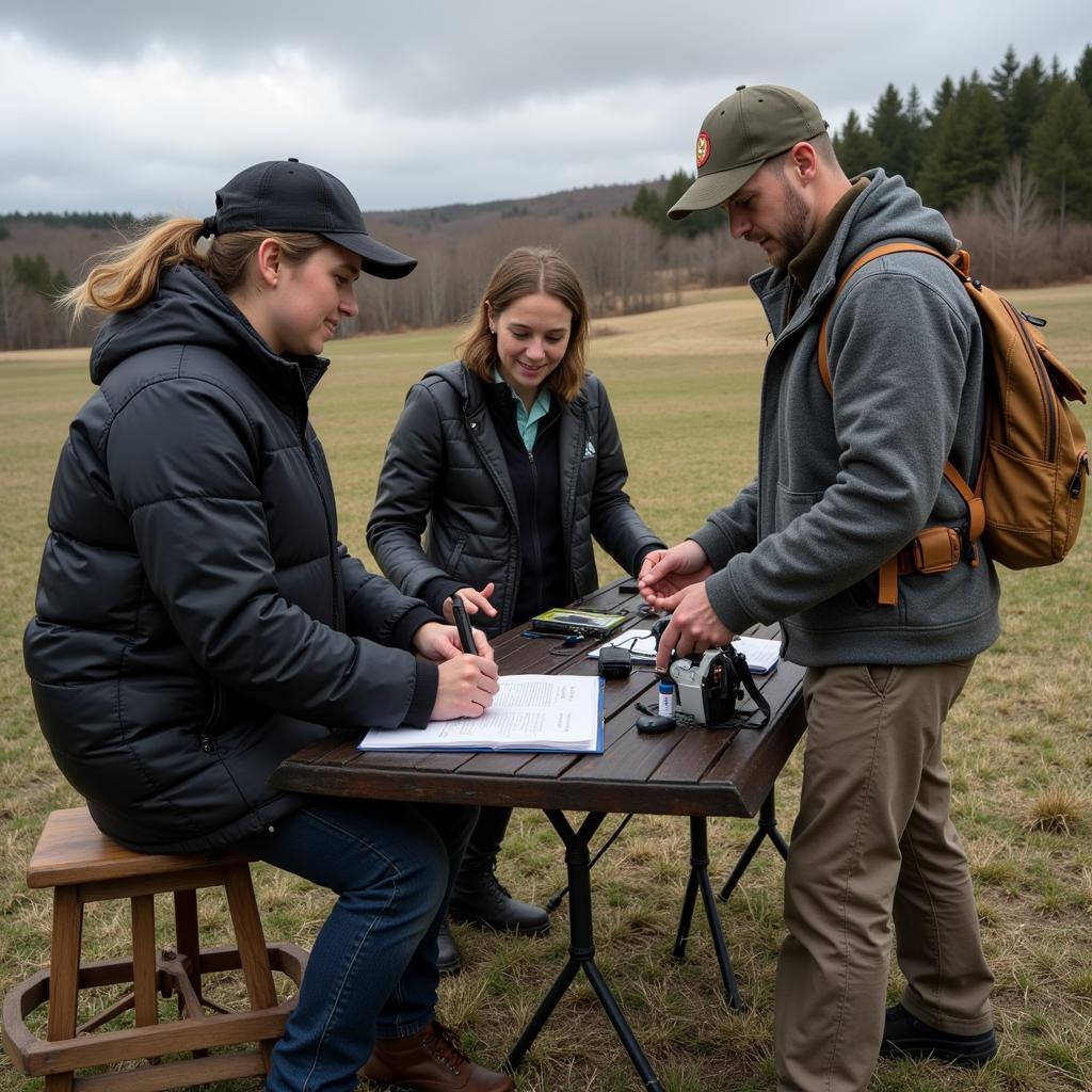 A group of researchers in a dimly lit forest, examining data on a laptop connected to an array of audio recording equipment.