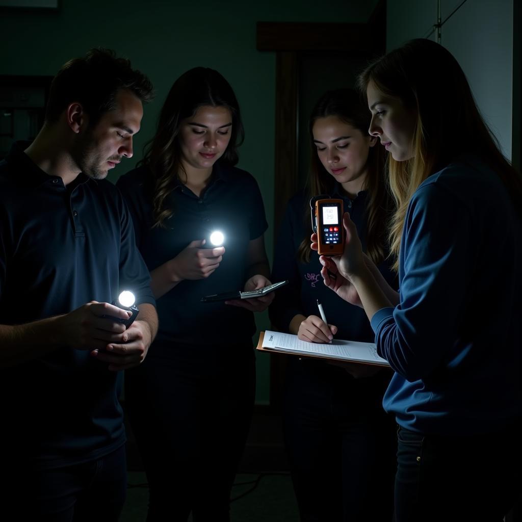 Paranormal researchers using EMF meters and recording equipment inside a dimly lit building