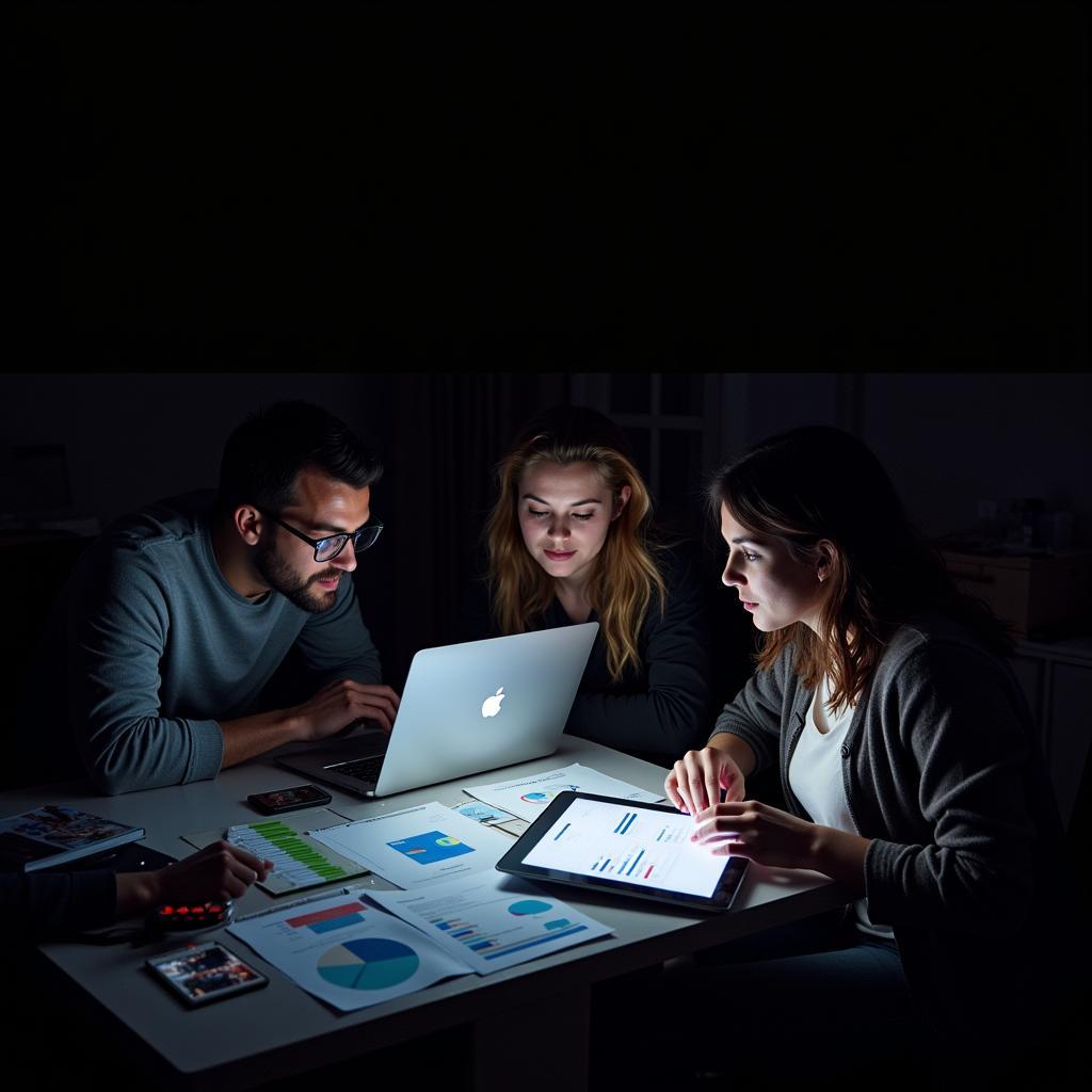 A research team huddled together, reviewing data collected from a paranormal investigation