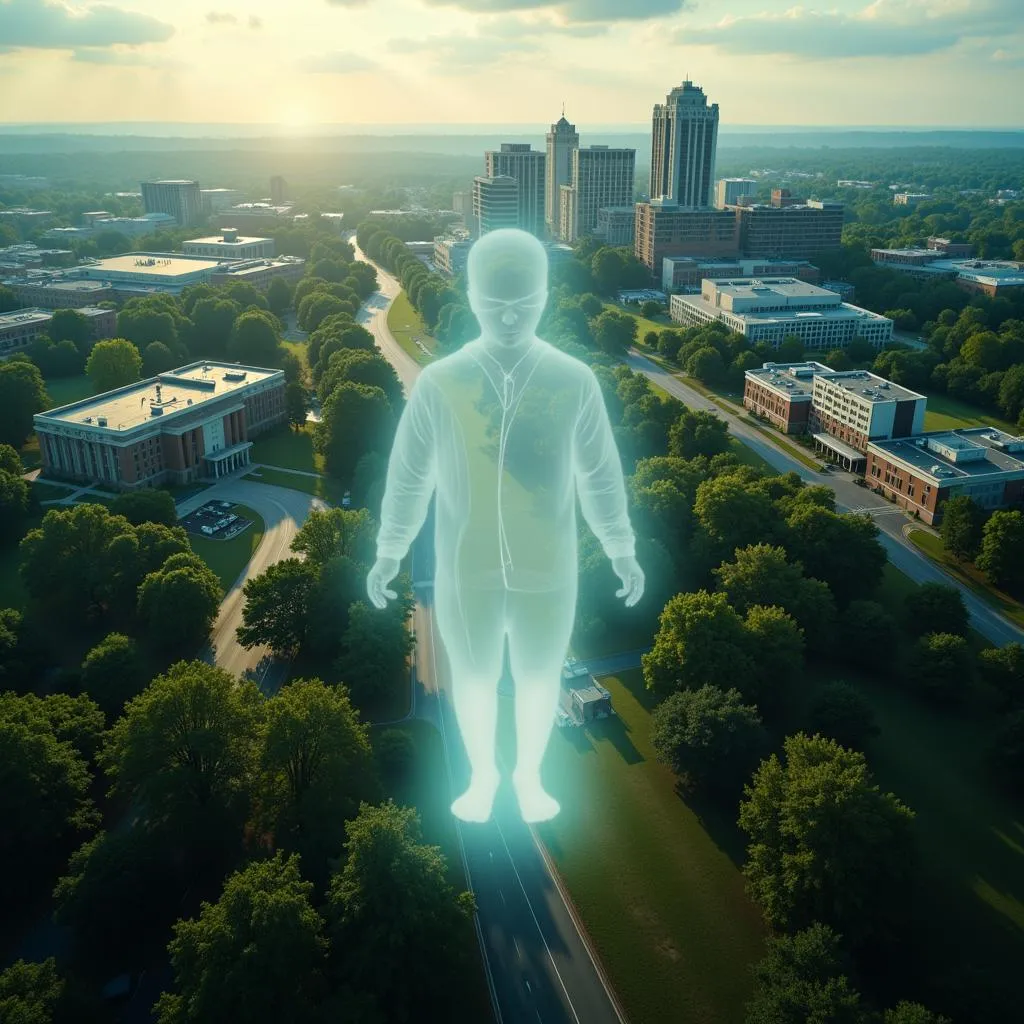 Aerial view of Research Triangle Park with a subtle, ghostly overlay