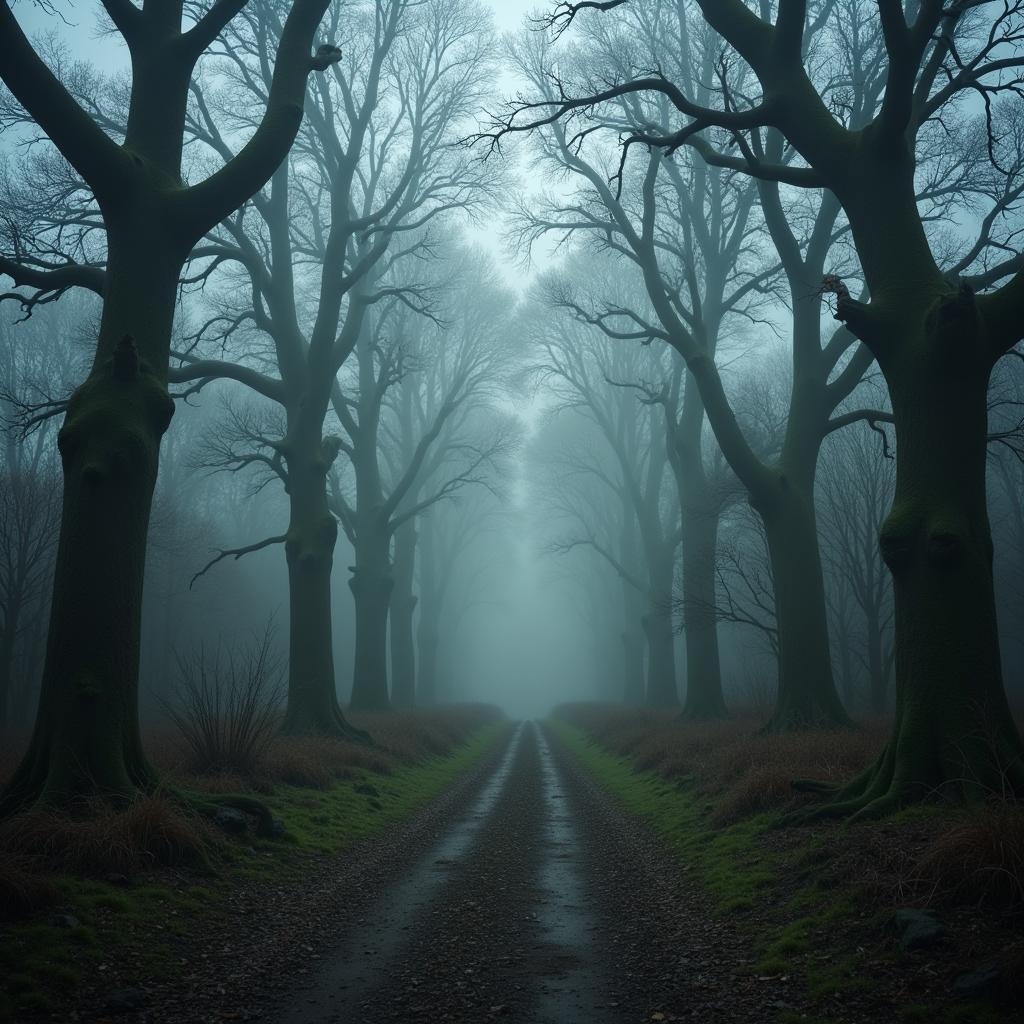 A path leading through a wooded area in Research Triangle Park, shrouded in mist and overgrown with foliage