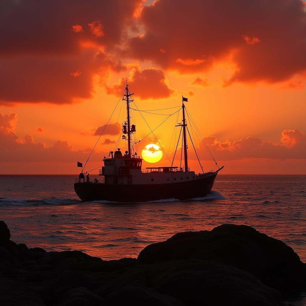 A research vessel leaves La Jolla Cove as the sun sets on the horizon