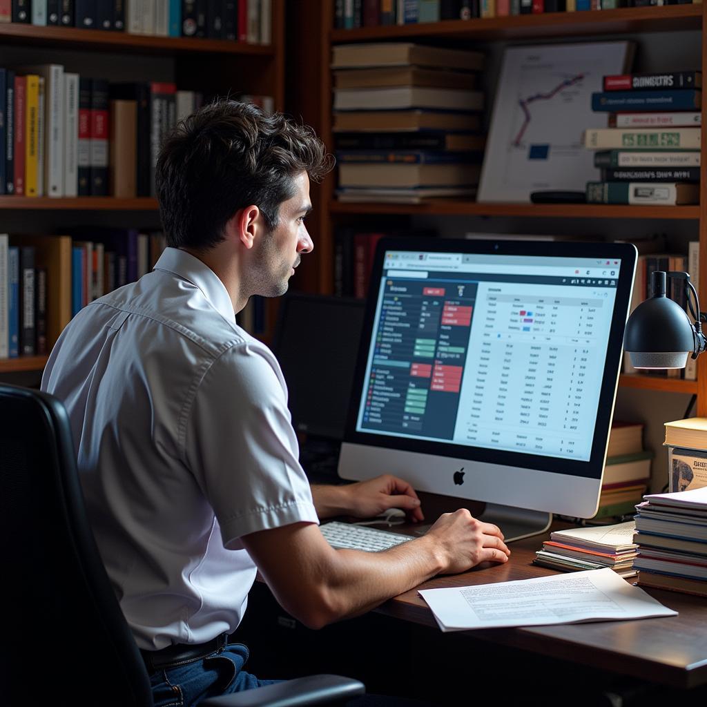 A researcher deeply engrossed in analyzing baseball data on a computer screen.