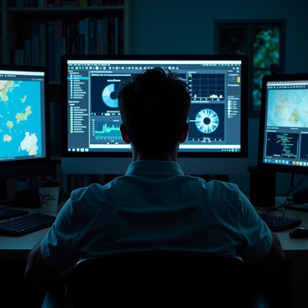 Researcher analyzing data on a computer in a hybrid research center