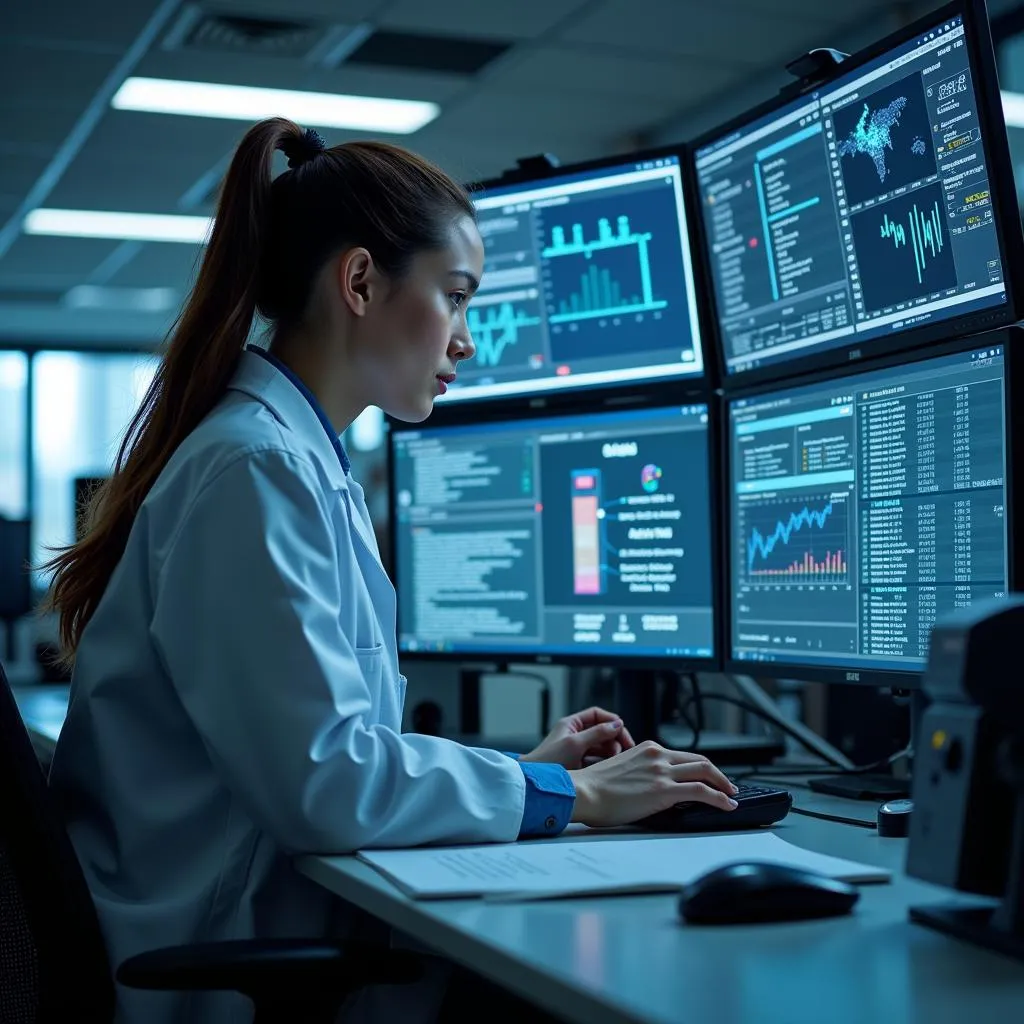 A scientist meticulously analyzing data in a laboratory setting