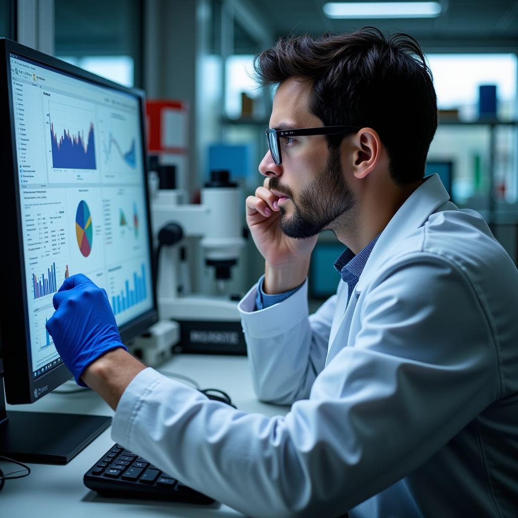 A researcher in a lab coat analyzing data on a computer screen, surrounded by lab equipment.