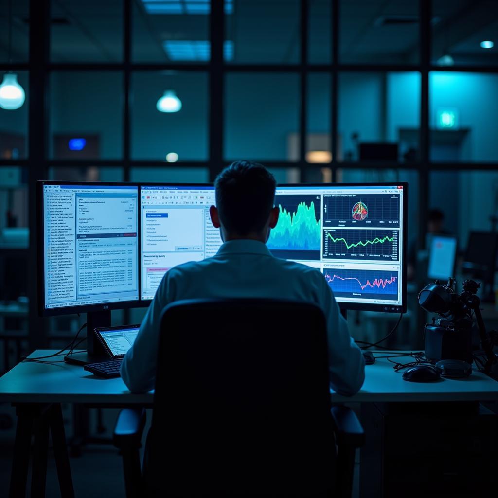 Researcher studying data in a laboratory setting