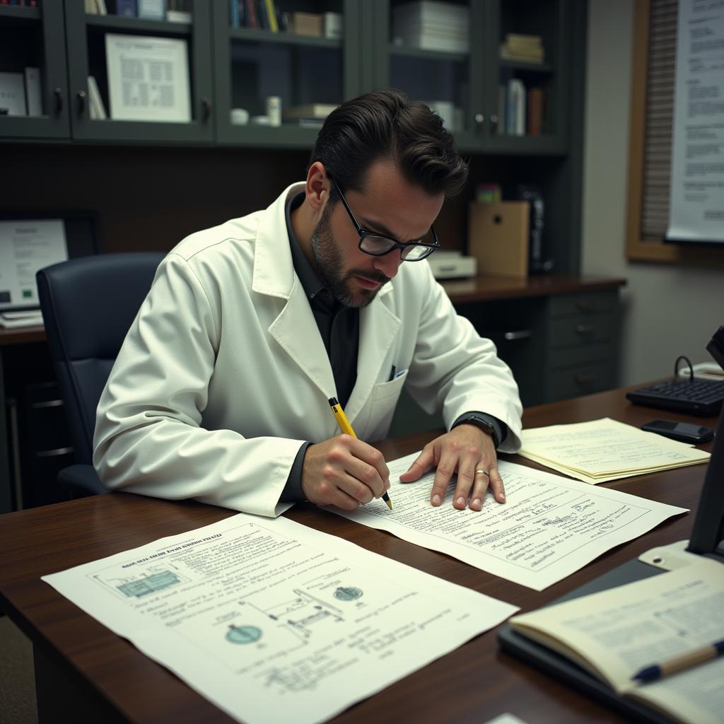 Researcher Analyzing Documents from Chest