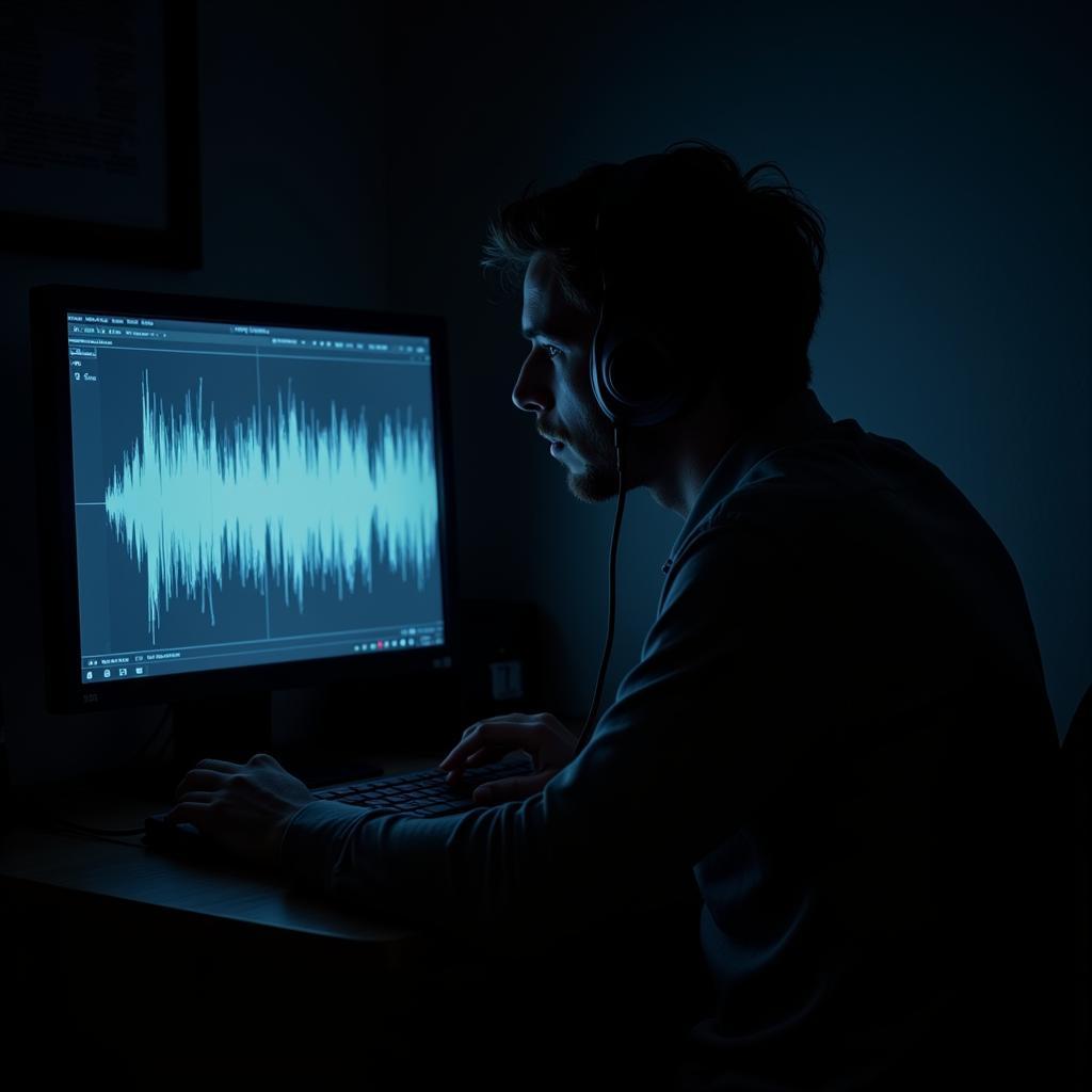 Researcher analyzing EVP recording on a computer