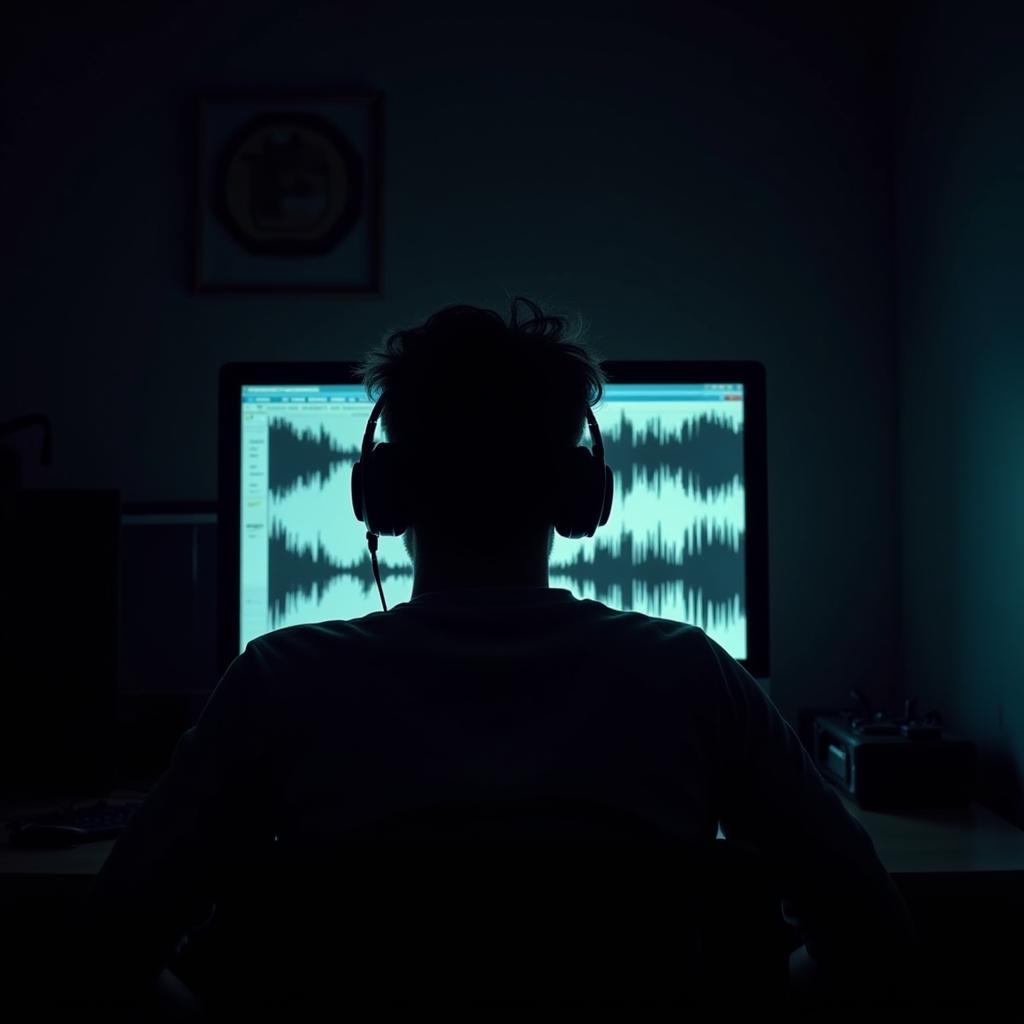 A researcher listens intently to an audio recording through headphones