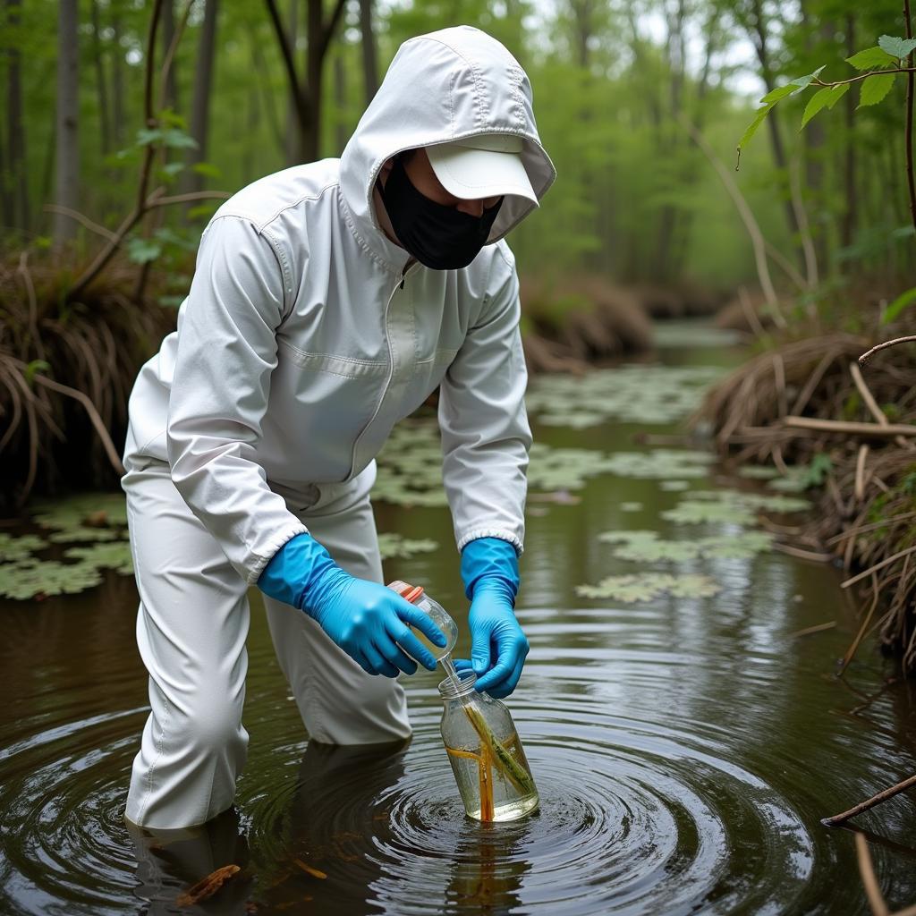 A researcher collects water samples in a noxious swamp