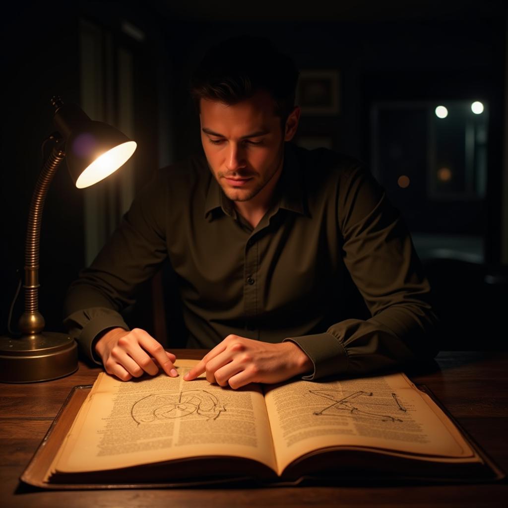 Researcher meticulously studying an ancient manuscript for clues related to Slumbering Sands and timed paranormal activity