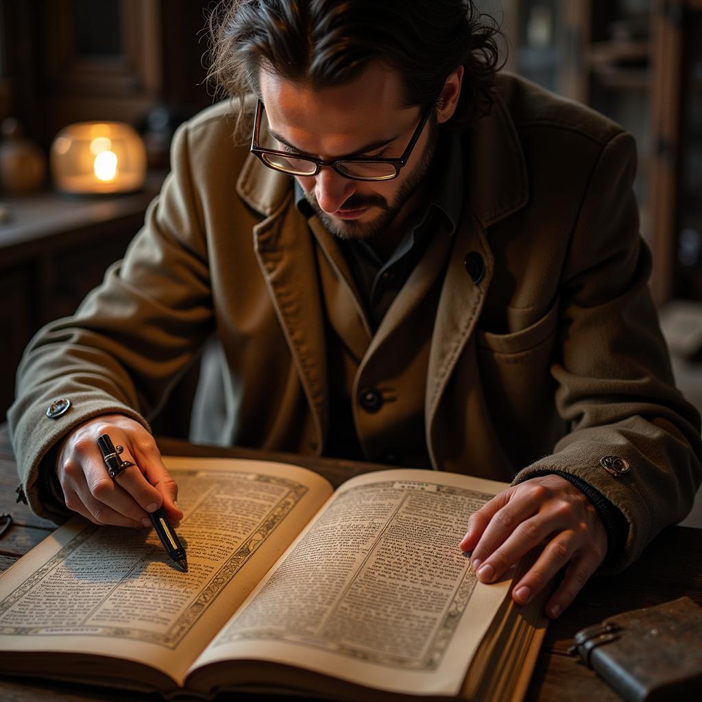 Researcher Examining an Ancient Manuscript for Clues about the F'inn