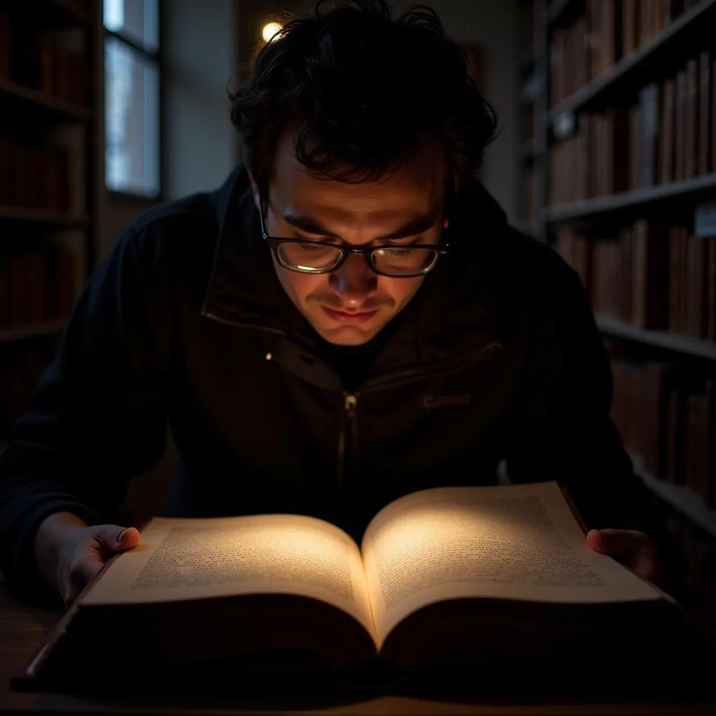 Researcher Examining Ancient Text in Library