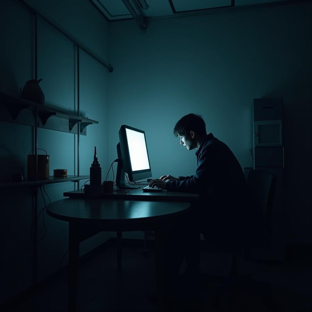 A lone researcher examines data on a computer screen late at night in a darkened laboratory