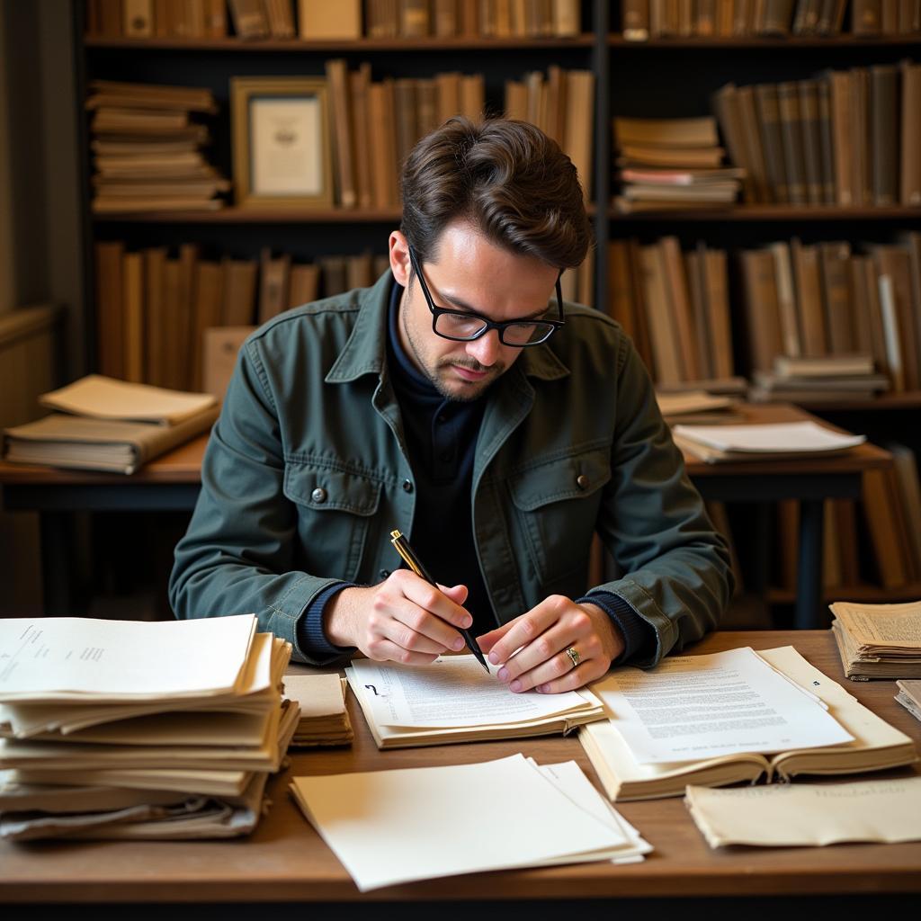 Researcher reviewing documents at the Gotlieb Center