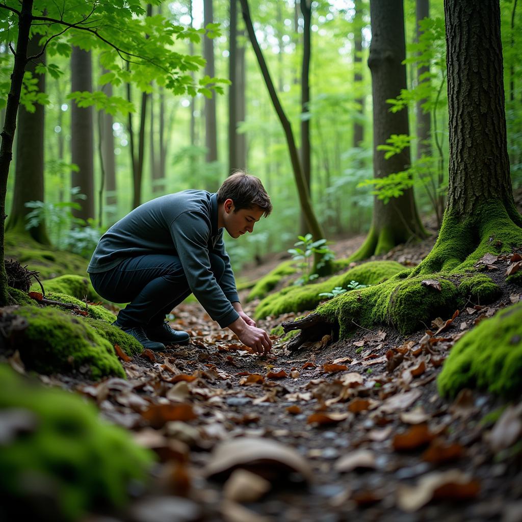 Researcher meticulously inspects the forest floor for evidence.