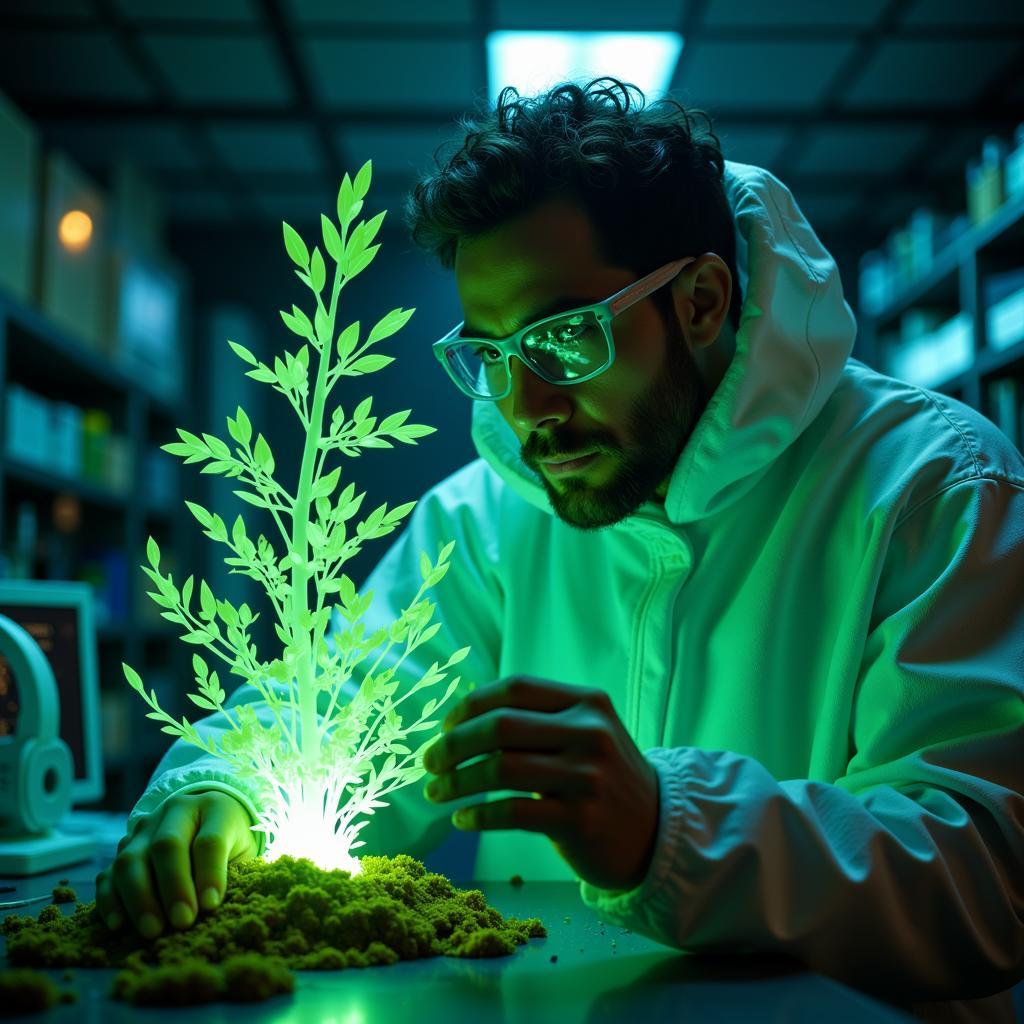 A researcher in a hazmat suit examines a glowing plant inside a Flora Research Lab