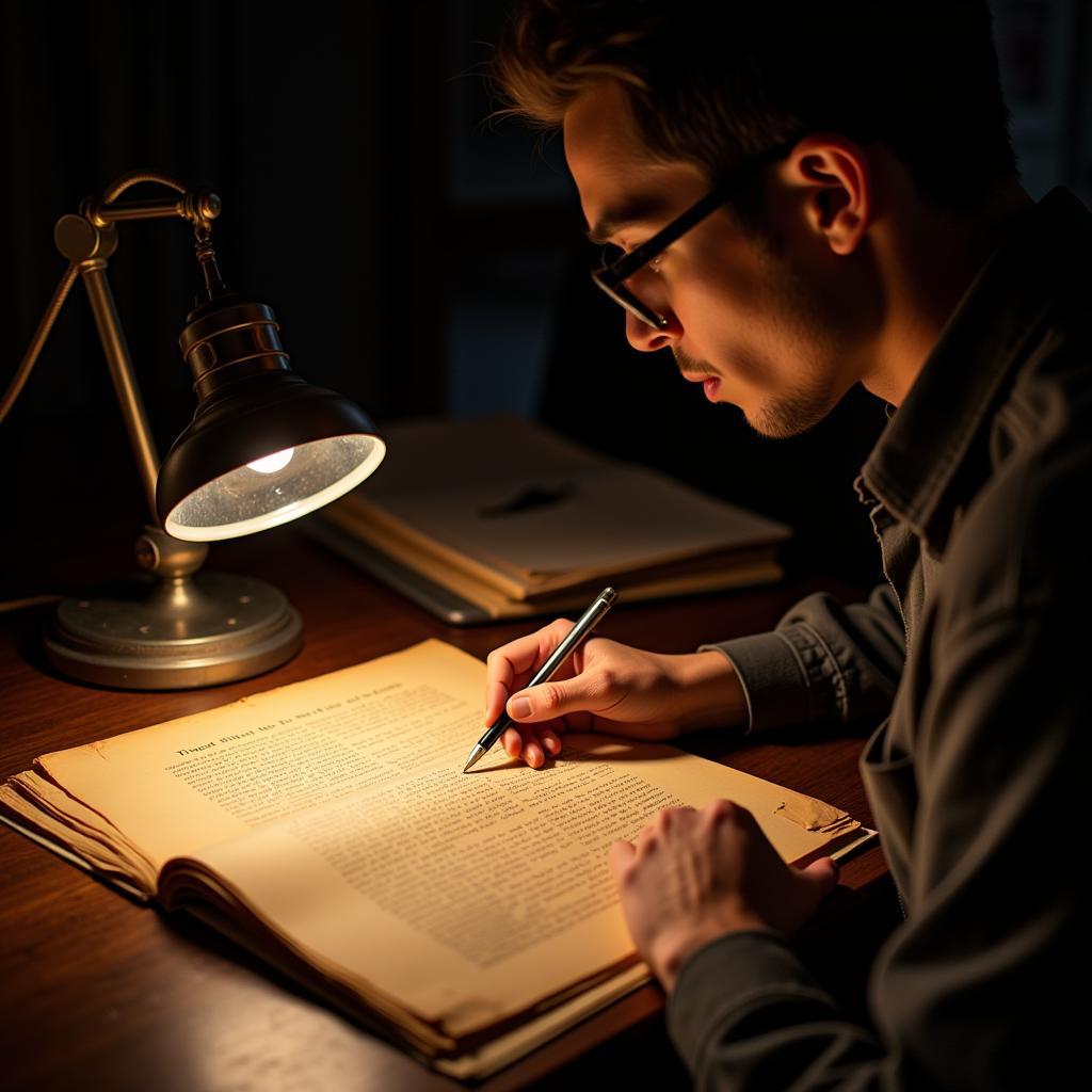 A researcher carefully examines an aged document with a magnifying glass, illuminated by a desk lamp in a dimly lit archive.