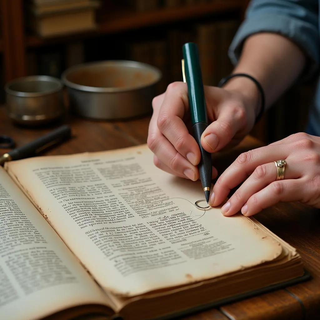 A researcher wearing gloves carefully examines an aged document with a magnifying glass.