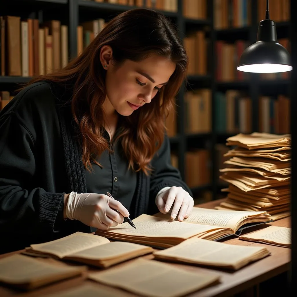 A researcher wearing gloves carefully examines old documents in a historical archive