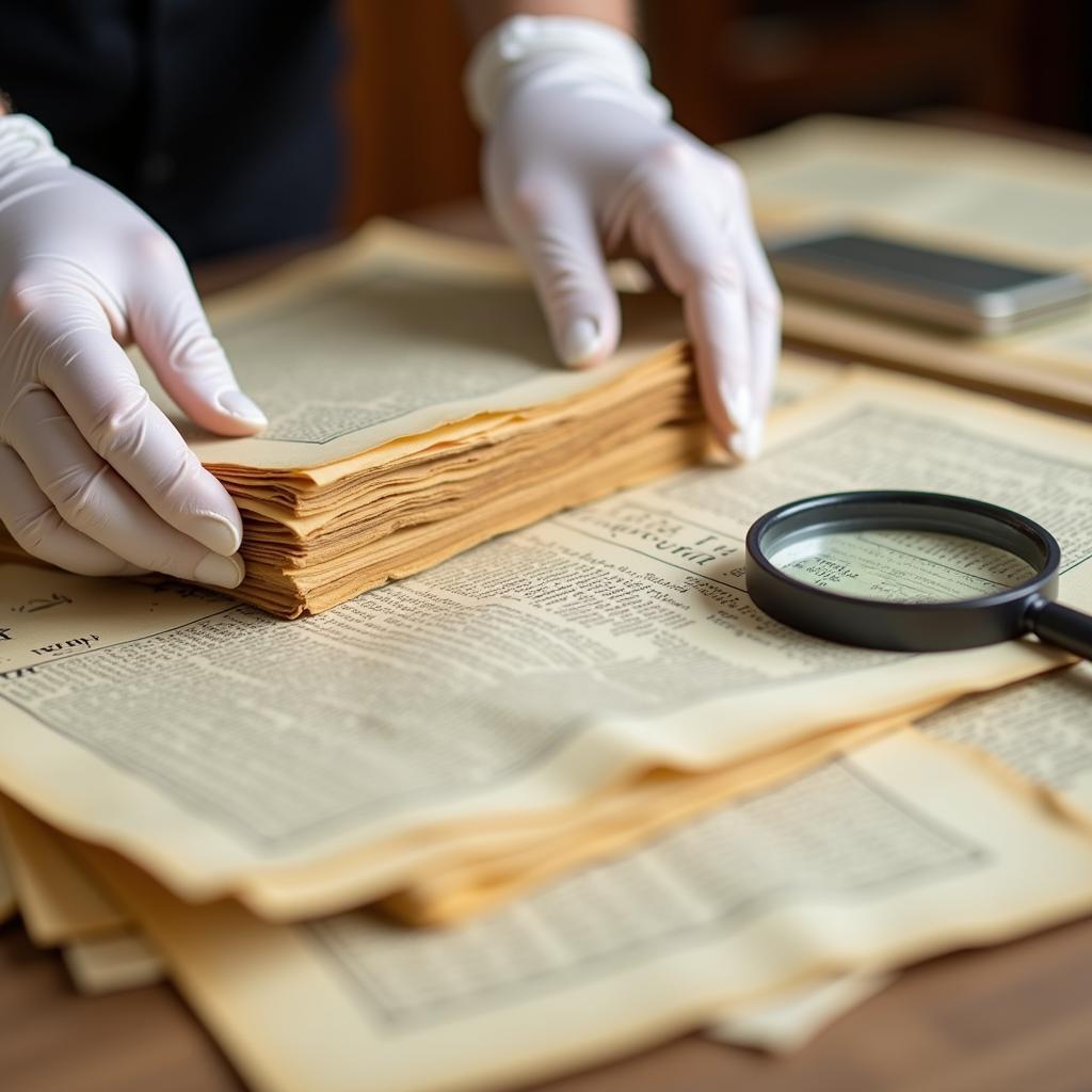 Researcher Examining Old Documents in County Archives