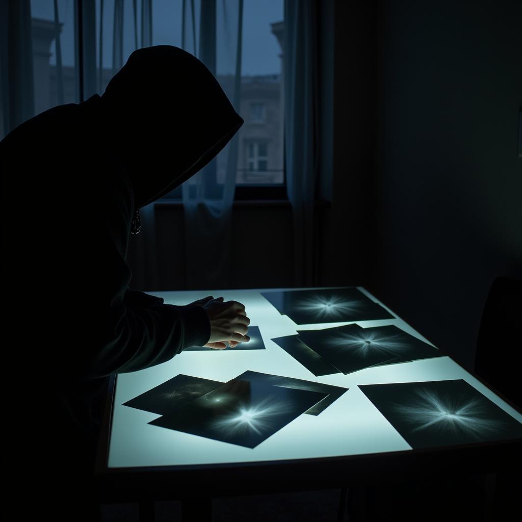 Paranormal researcher studying photographs