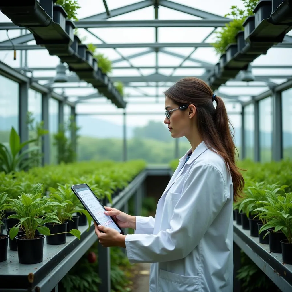 Researcher examining plants in a greenhouse at the Ohio Agricultural Research &amp; Development Center