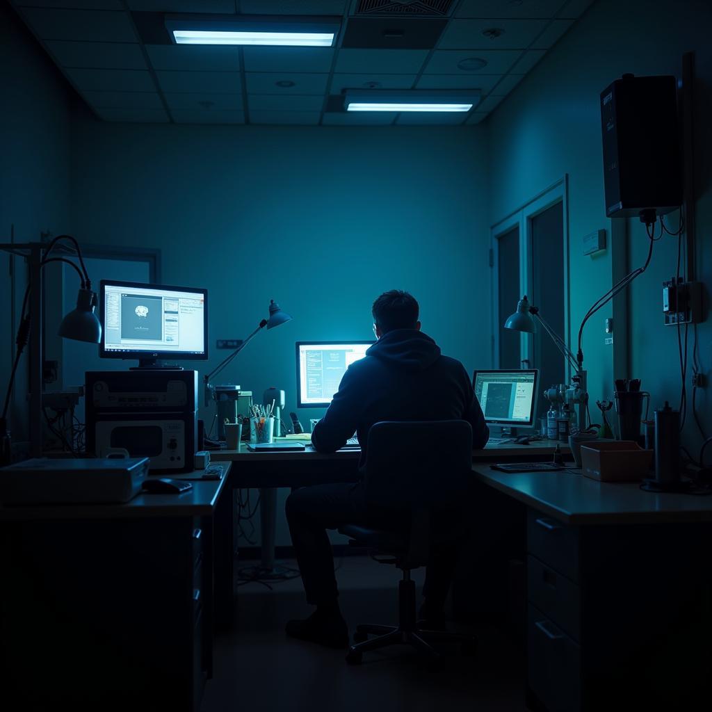 A researcher working late at night in a dimly lit laboratory at ASRI