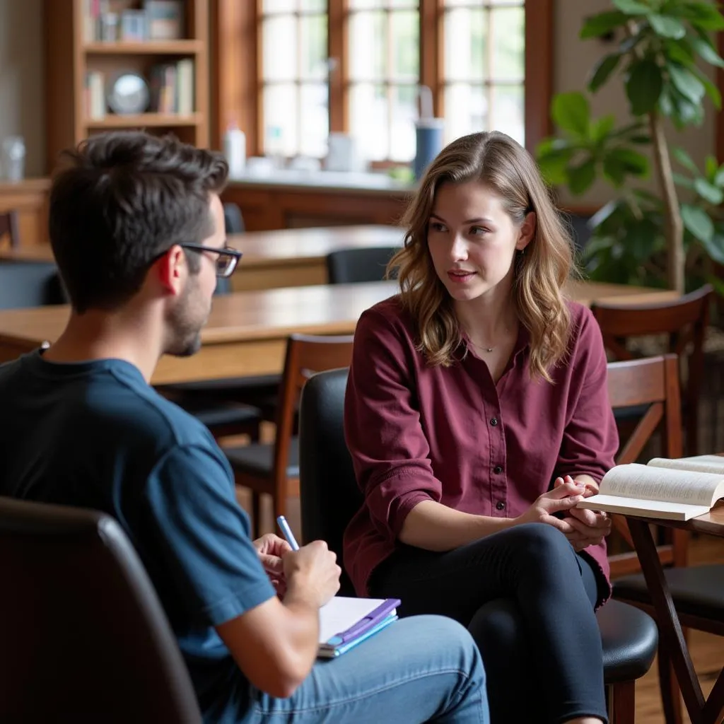 A researcher conducts an interview with a community member.