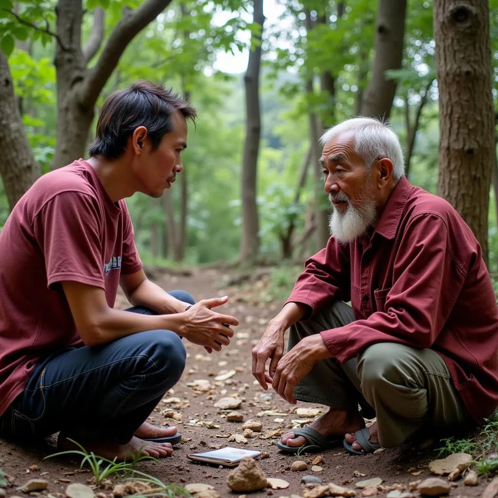 Researcher interviewing a local in Myanmar about Gwan