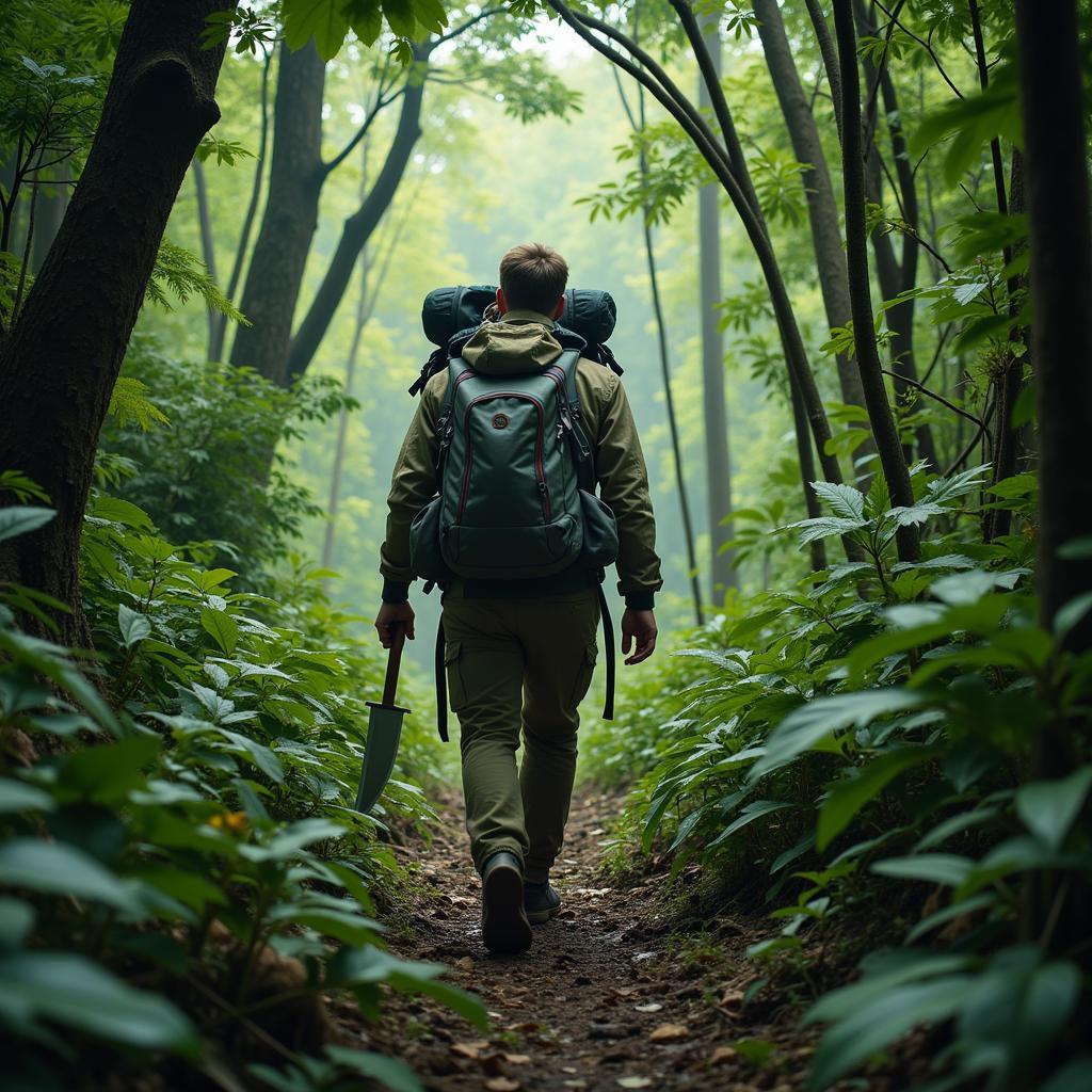 Researcher Navigating Dense Jungle