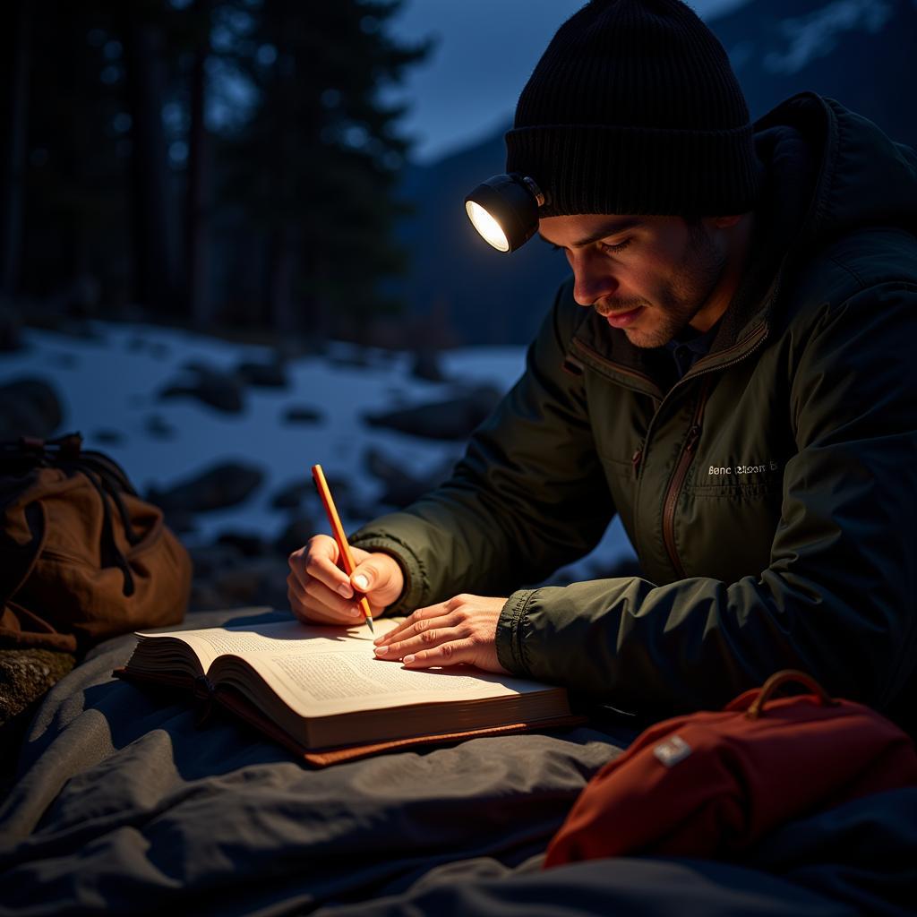 Paranormal researcher writing in a journal inside their Outdoor Research alpine bivy, illuminated by a headlamp