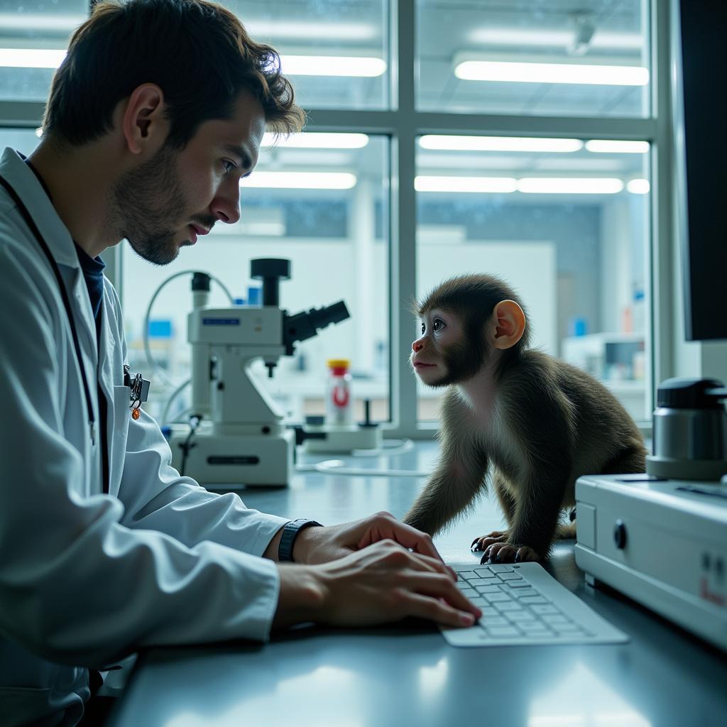 Researcher Observing Primate Behavior in Controlled Environment