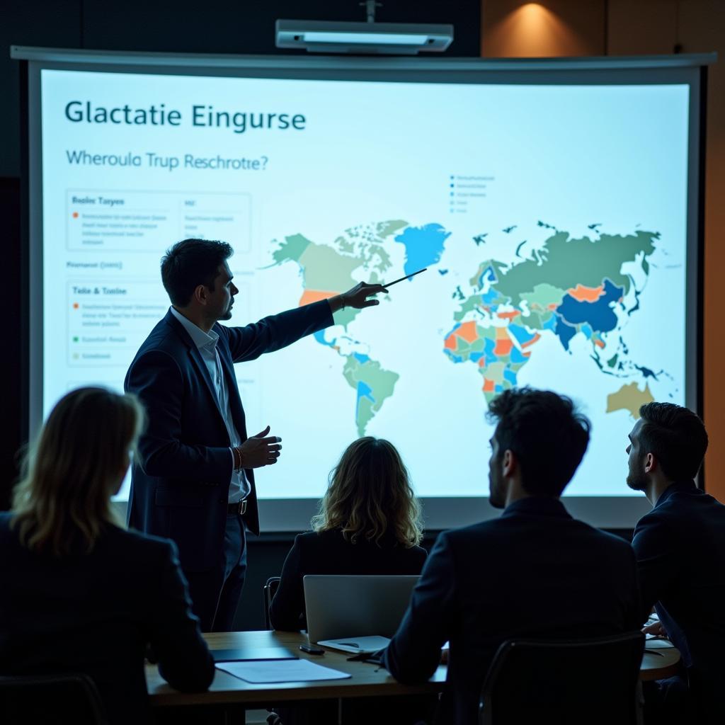 A researcher presenting their findings to a group of attentive football executives