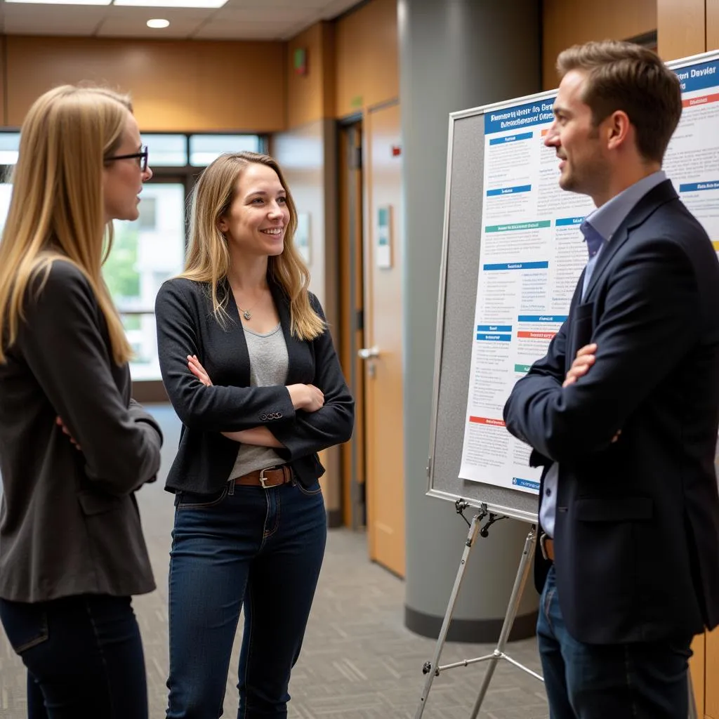 Researcher confidently presenting their poster, actively engaging in conversation with attendees.