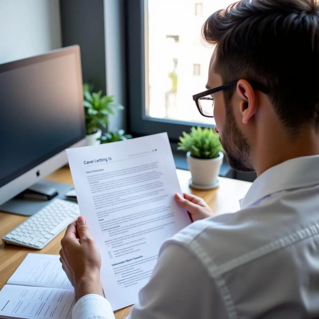 A researcher carefully reviewing application materials at their desk.