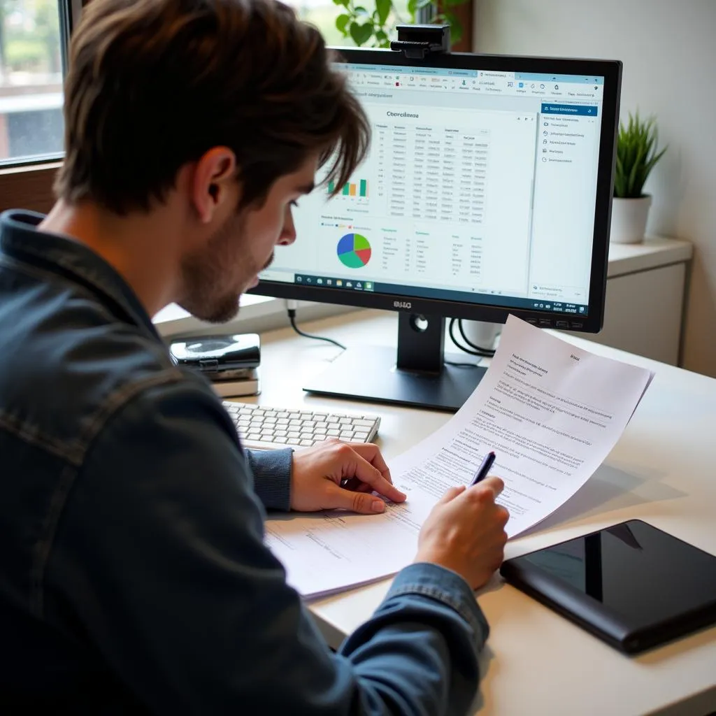 Researcher Reviewing Data and Taking Notes for Methods Section