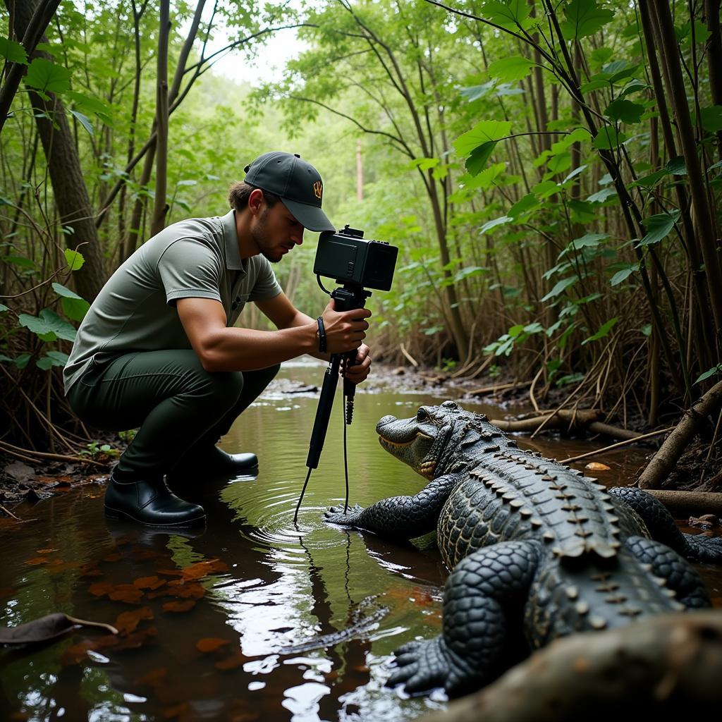 Researcher Setting Up Camera Trap in Crocodile Habitat