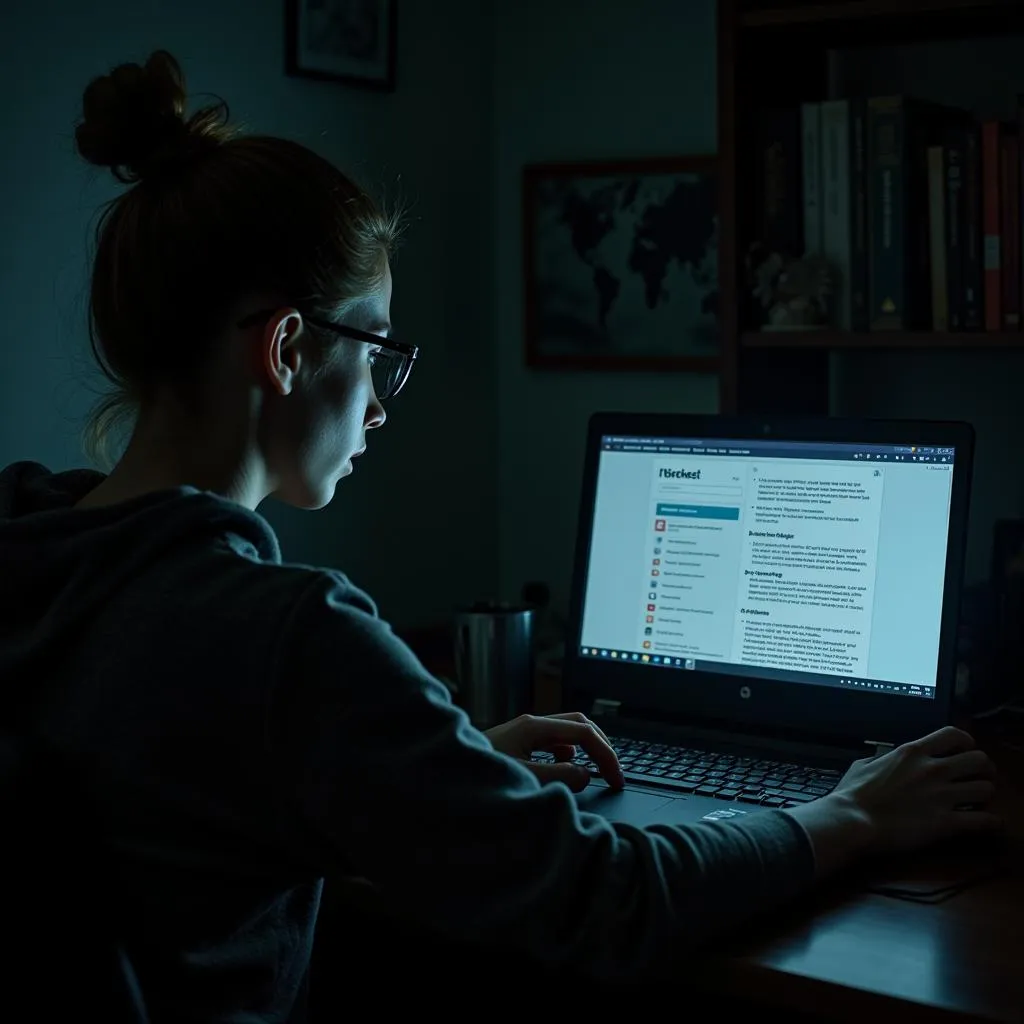 Paranormal researcher using a grant database on laptop