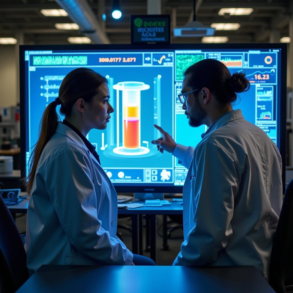 Researchers Analyzing Data from a Bioreactor in an Integrated Lab