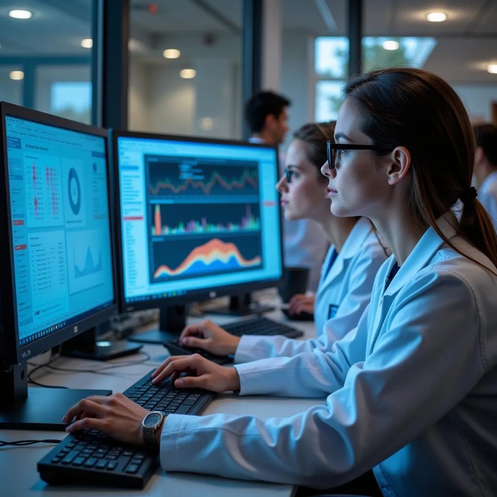 Team of scientists examining data on computer screens