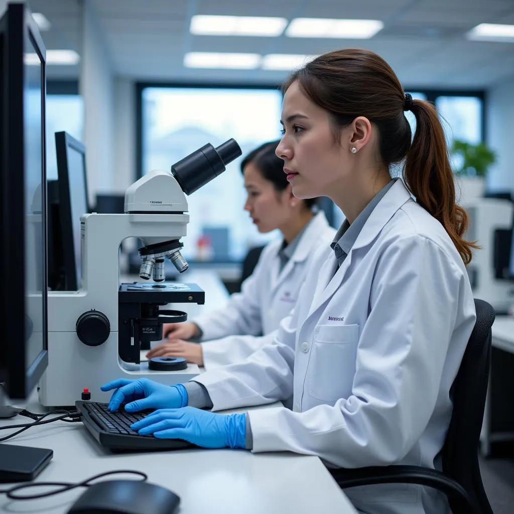 Researchers meticulously examining data and findings in a laboratory setting