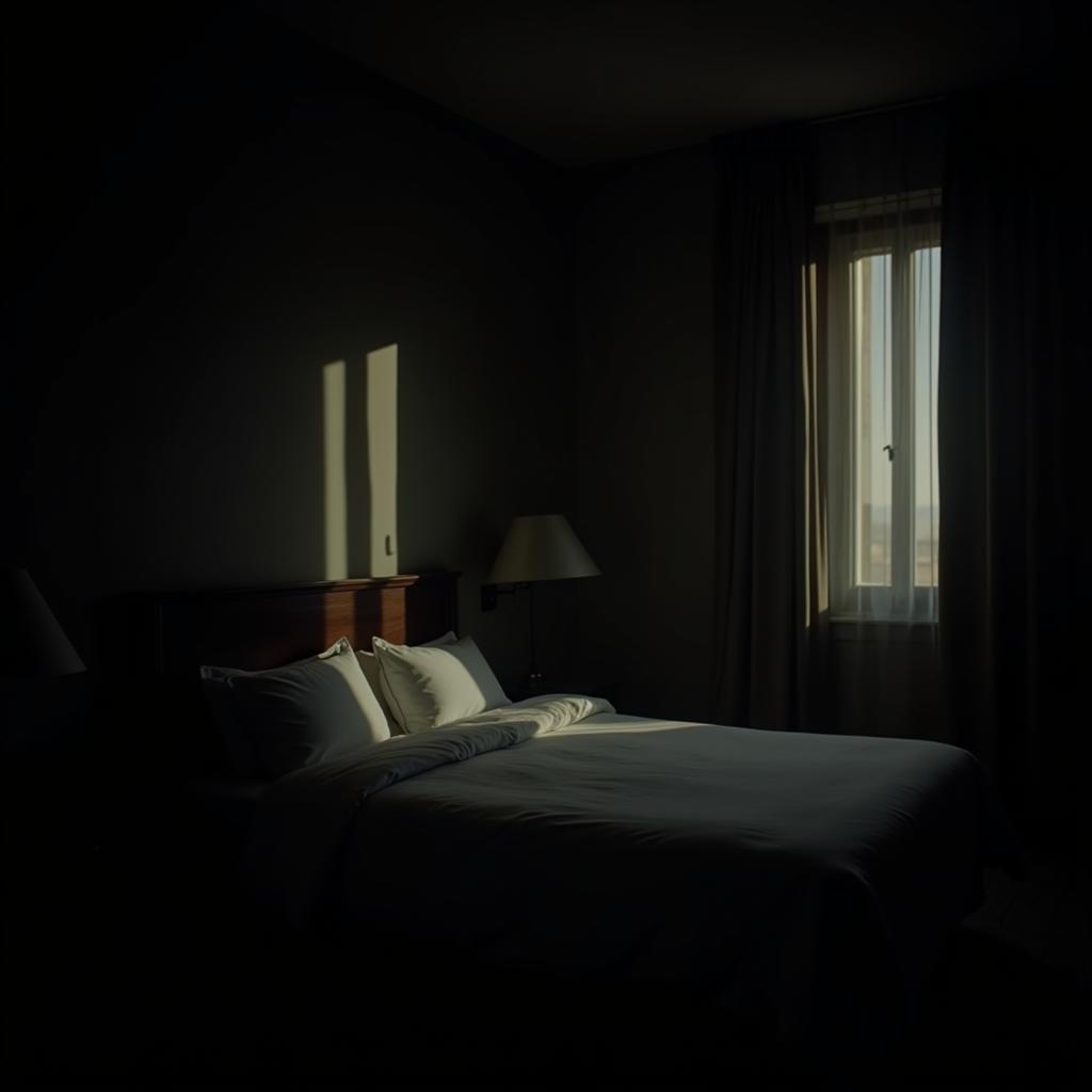 Dimly lit hotel room with an unsettling aura