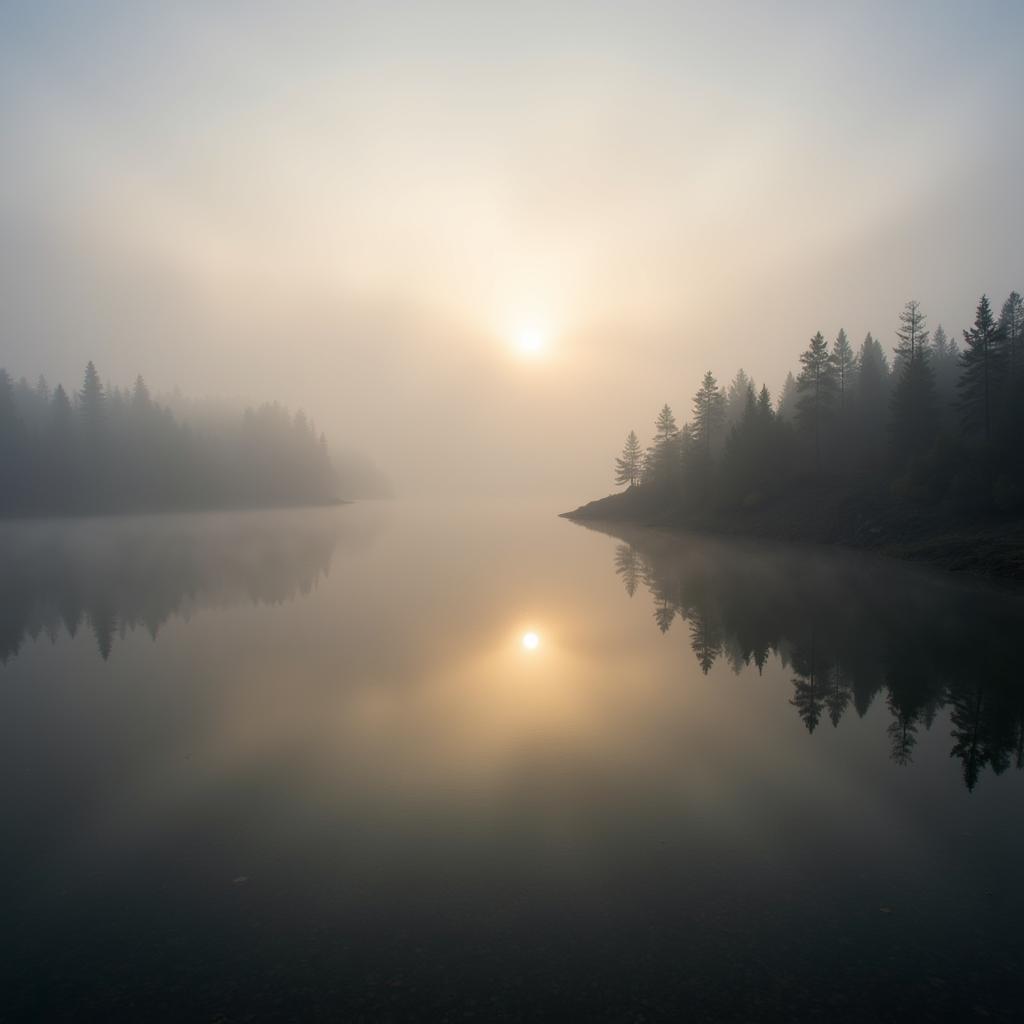 Rose Lake shrouded in mist on a morning