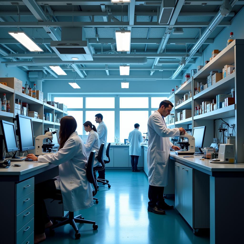 Scientists in lab coats working with advanced equipment