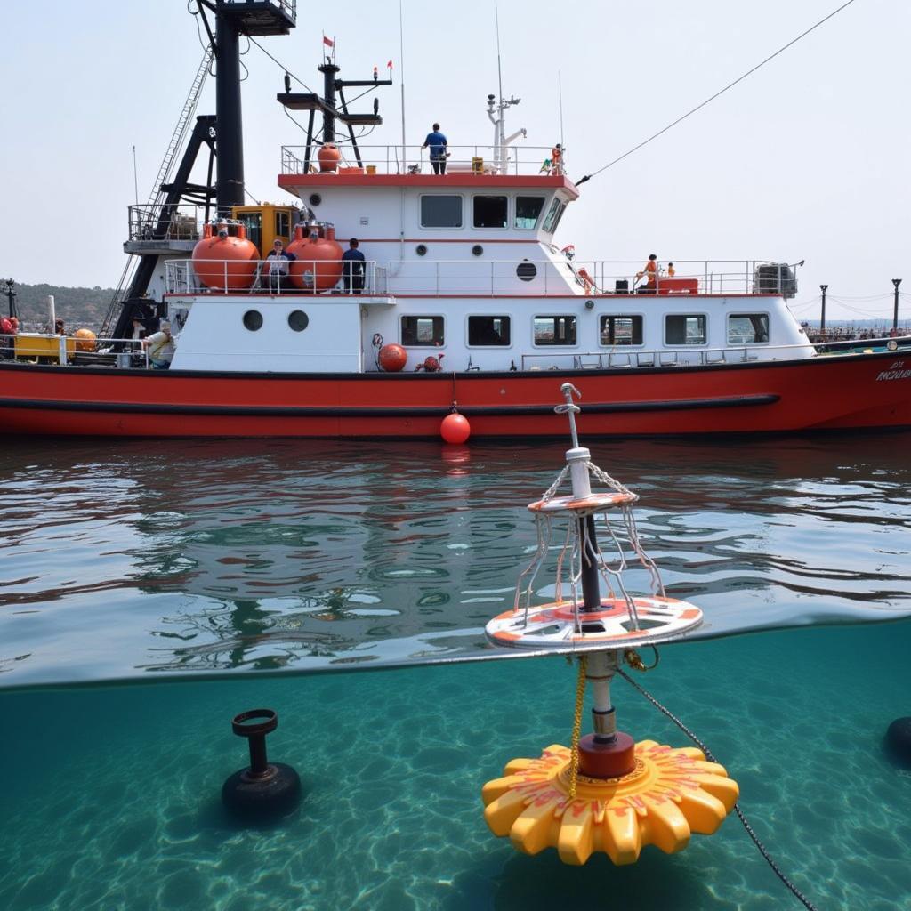 Research vessel conducting oceanographic surveys