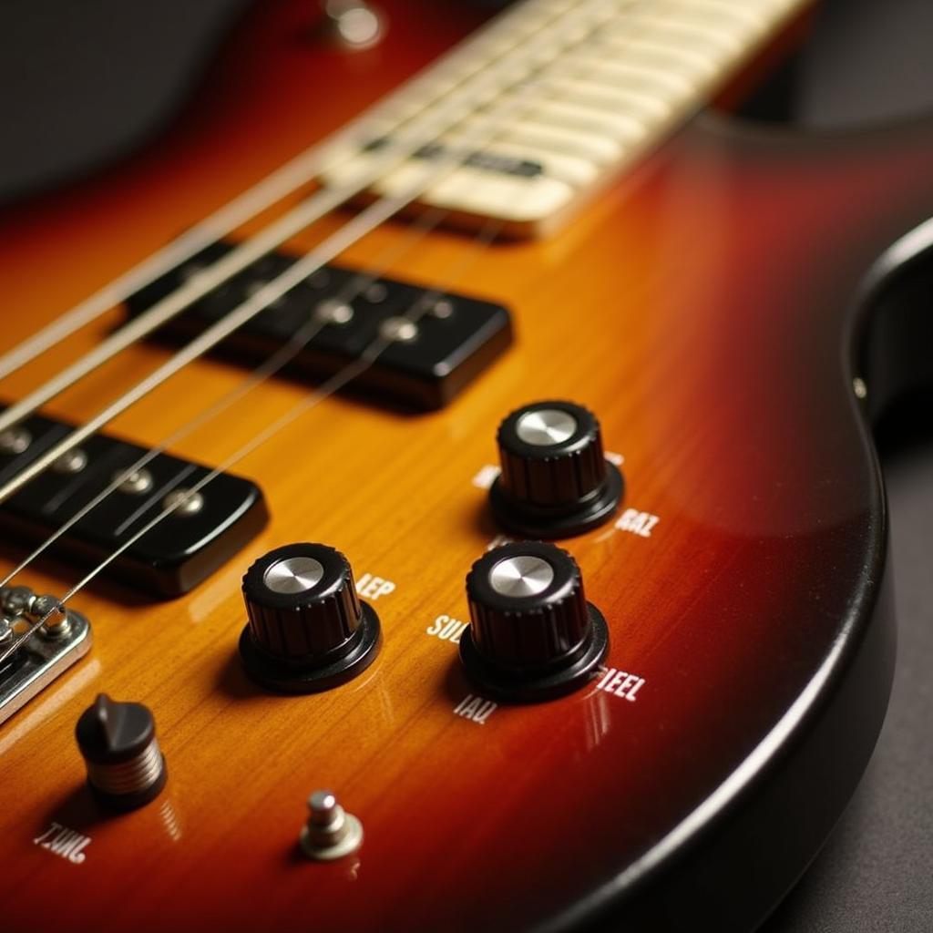 Close-up of the electronics and controls on a Schecter Stiletto Custom-4 bass guitar